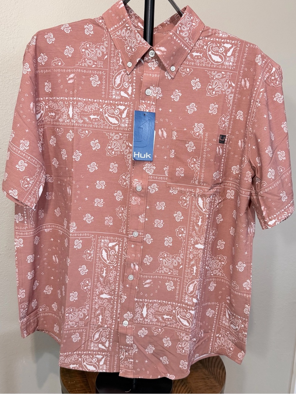 Huk Men's Short Sleeve Button-Up Shirt in Dusty Rose Bandana Print